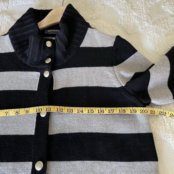 Saint James Wool Black Gray Sailor Stripe Fisherman Cardigan Sweater Size US 12 - Picture 6 of 16